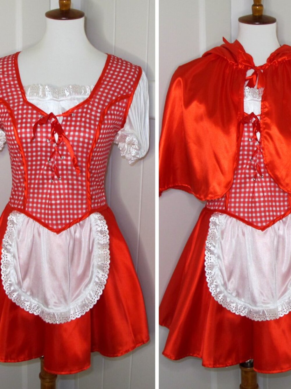 Adult Size Red Riding Hood WITH Hooded Cape and Skirt Lined Apron 2 piece Set